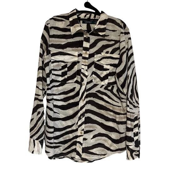Lauren Ralph Lauren Courtenay Zebra Print Long Sleeve Button Up Shirt Size L - Picture 2 of 9